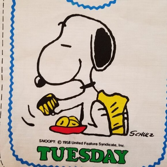 Vintage Fabric Snoopy Baby Bibs Panel Days of the Week Cotton White Background - Picture 5 of 12